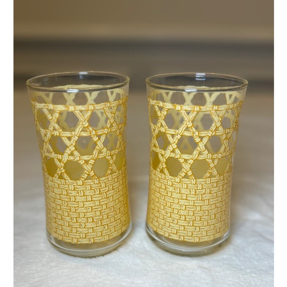 Vintage Libbey 1970 MCM Rattan Cane Highball Glass Tiki Bar Drink Ware USA‎